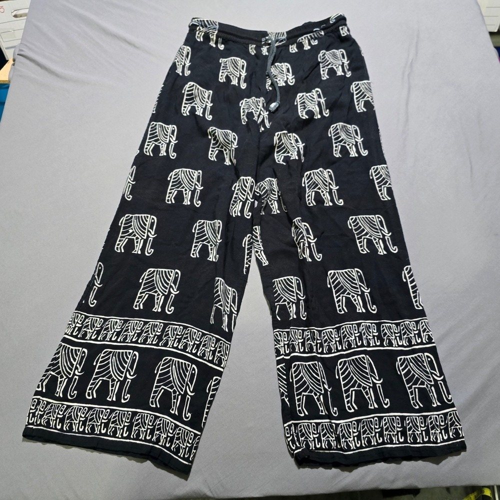 Chico's Design Elephant Print Pants Women small 0 Black Wide Leg Rayon Boho